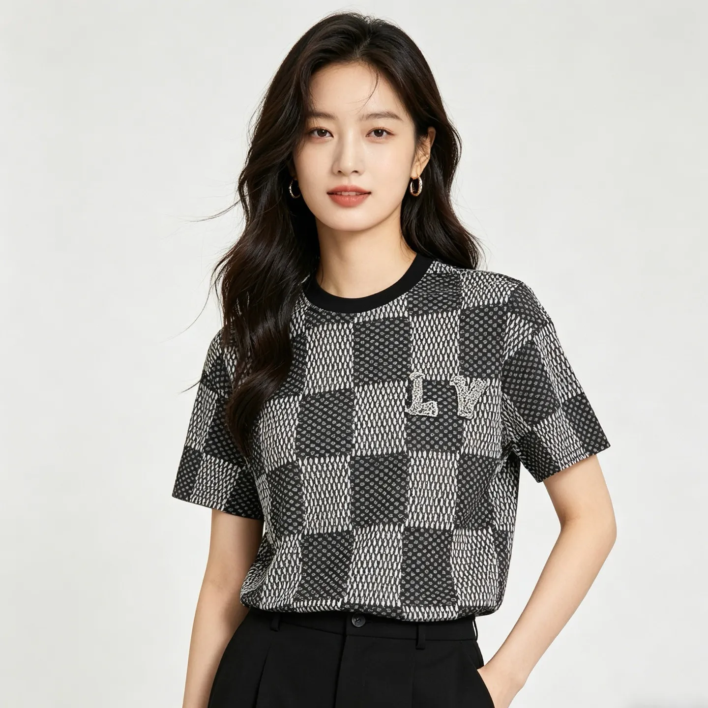 Louis Vuitton/Louis Vuitton rhinestone letter logo checkerboard short sleeves